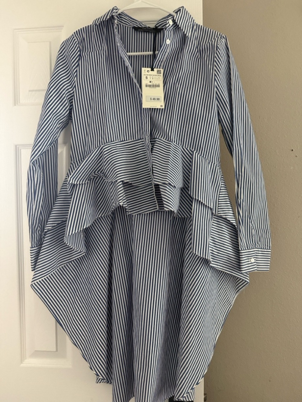 Zara Blue and White Striped Ruffle High-Low Blouse